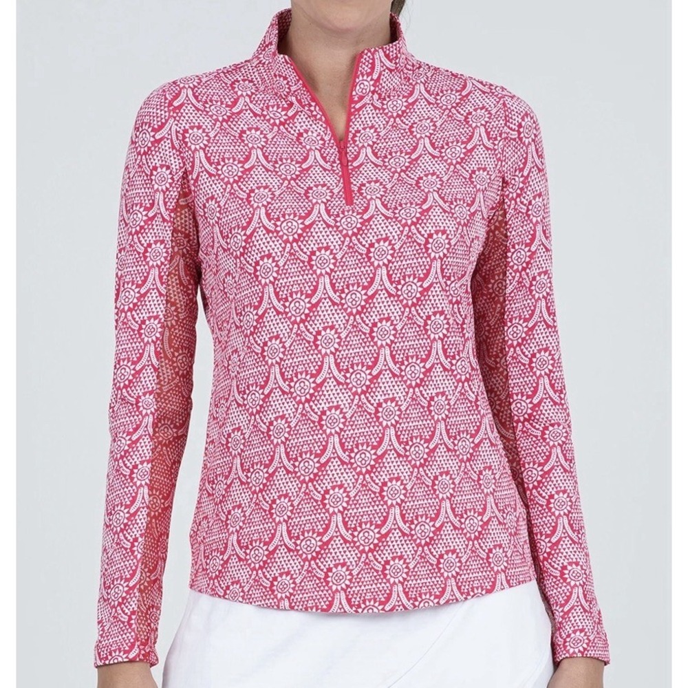 NEW IBKUL LESLIE WATERMELON PINK & WHITE Long Sleeve Mock Golf Shirt 2XL
